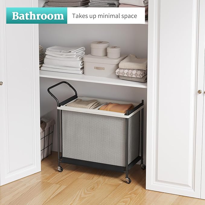 Laundry Hamper with Wheels - 2 Section Laundry Basket 160L, Removable Washable Bags, Height-Fitted Rolling Laundry Cart for Laundry Room & Bedroom
