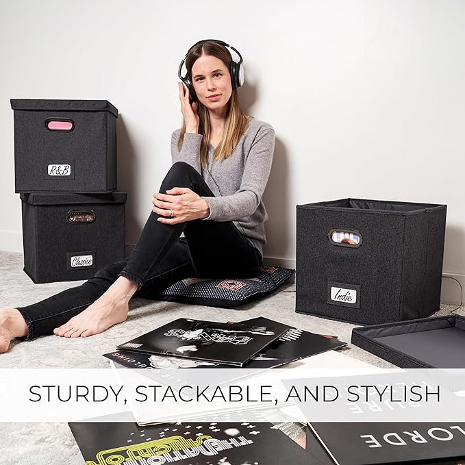 ZICOTO Decorative Vinyl Record Storage Box for 50+ Single Records - Sturdy and Easy to Carry LP Holder with Lid - The Perfect Storage Crate for Your Valuable Album Collection