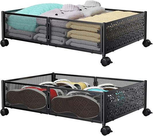 PHINOX Under Bed Storage Containers with Wheels, Under Bed Shoe Storage Organizer Drawer, Tool-free Assembly Metal Storage Containers for Bedroom Clothes Shoes Blankets -2PCK