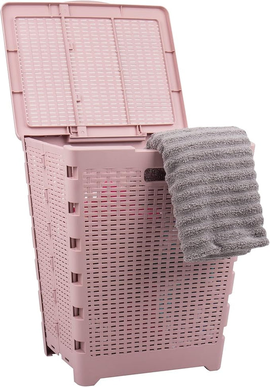 Mind Reader 61L Foldable Laundry Hamper, Clothes Basket, Lid, Wicker Design, Plastic, 18"L x 14.5"W x 21.25"H, Pink