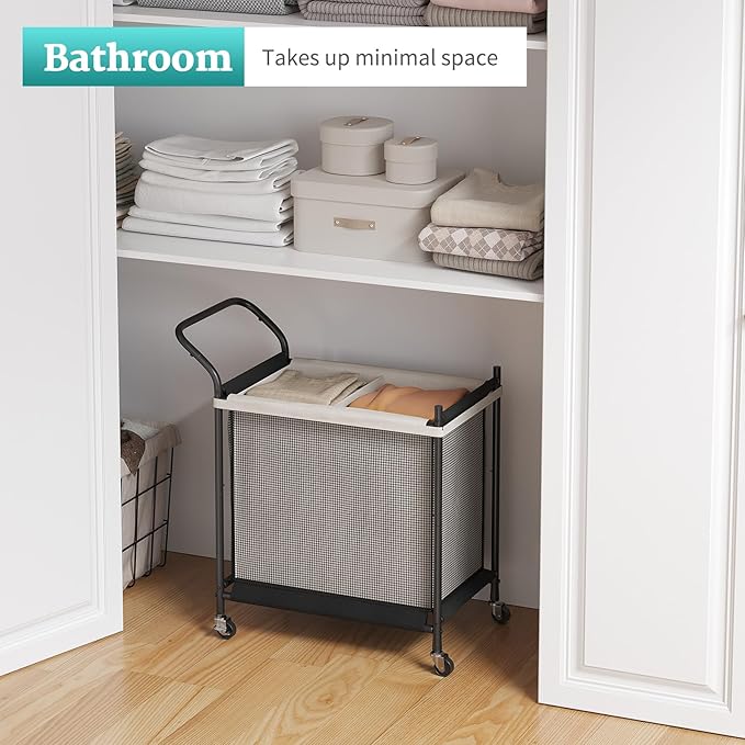 Laundry Hamper with Wheels - 2 Section Laundry Basket 120L, Removable Washable Bags, Height-Fitted Rolling Laundry Cart for Laundry Room & Bedroom