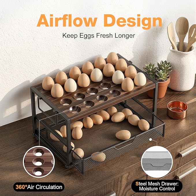 2-Tier Wooden Egg Holder Countertop with Basket – Holds 24+60 Chicken, Duck & Quail Eggs, Easter Eggs – Compact Countertop Holder with Carry Handle for Easy Transport
