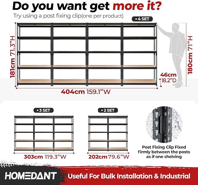 HOMEDANT Deep Width 5 Tier Heavy Duty Garage Shelving Adjustable Metal Rack Storage Shelves Standing Shelf Unit Organizers Pantry Closet Black 1Pack (39.8" W x 18.2" D)