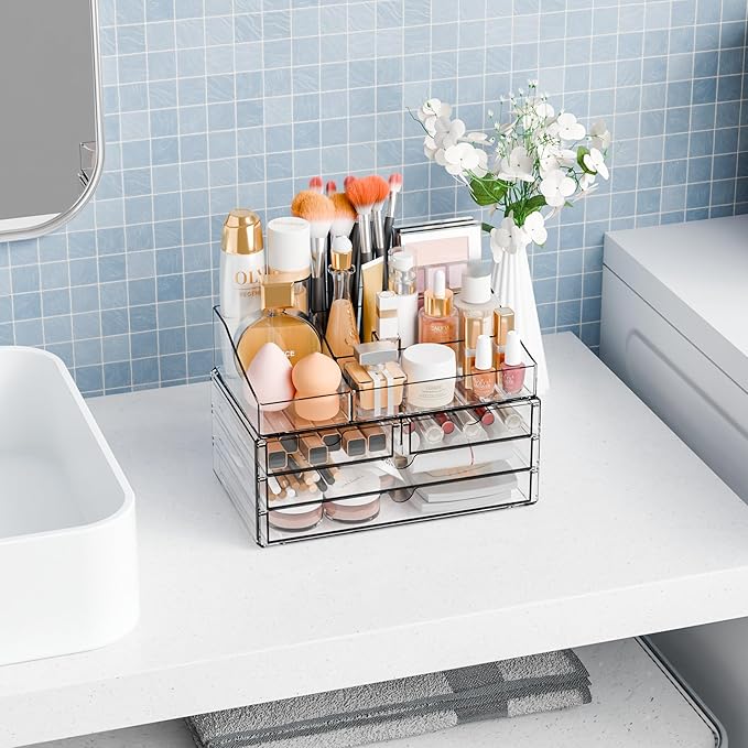 Yieach Acrylic Make up Organizers for Counter,Desk and Vanity,2 Pack Stackable Bathroom Counter Organizer with Drawers,Large Clear Makeup Organizers and Storage for Skincare,Cosmetic,Beauty Products