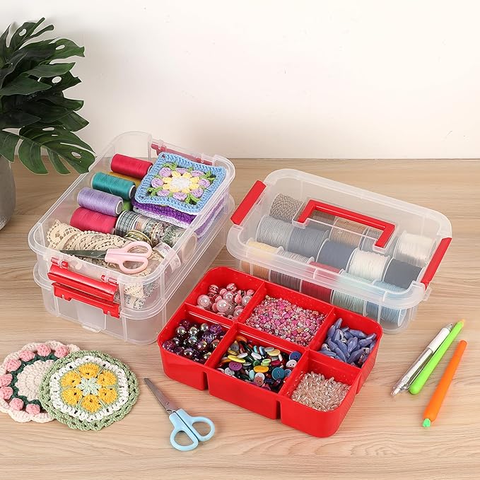 JUXYES 2Pack 3-Tiers Stack Carry Storage Box With Divided Tray, Transparent Stackable Storage Bin With Handle Lid Latching Storage Container for School & Office Supplies, Red