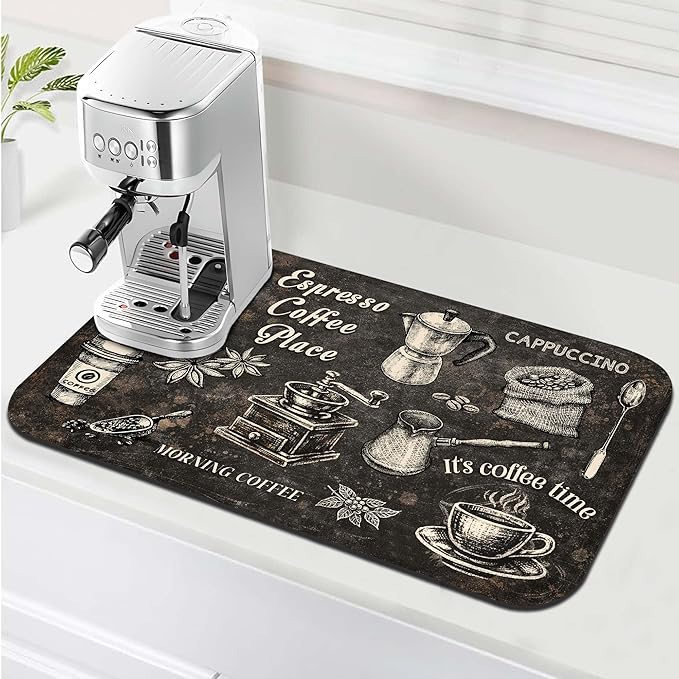 Vintage Coffee Blueprint Coffee Bar Mat 12" x 19", Absorbent Quick-Dry Coffee Drying Mat, Non-Slip Waterproof Countertop Protector for Coffee Station, Espresso Machine