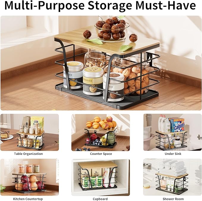 TIDIIABODE Pantry Organizers and Storage - Stackable Wire Basket with Lightweight PP Mat & Bamboo Top for Fruits Vegetables,Fruit Holder for Kitchen Countertop,Black