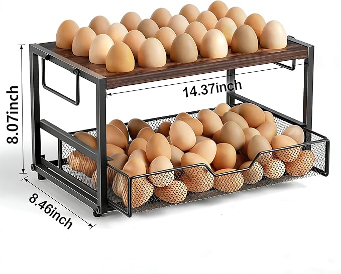 2-Tier Wooden Egg Holder Countertop with Basket – Holds 24+60 Chicken, Duck & Quail Eggs, Easter Eggs – Compact Countertop Holder with Carry Handle for Easy Transport