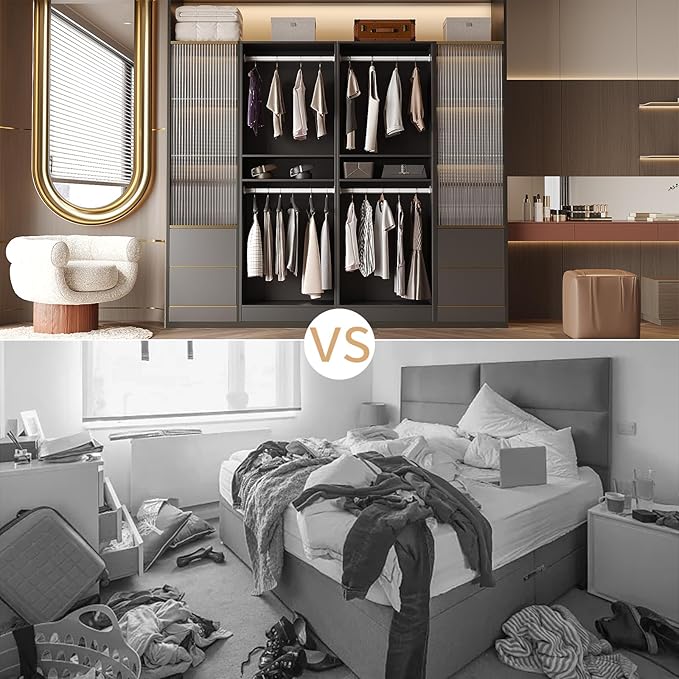 VOWNER 25'' Freestanding Closet System with Shelves, Wood Closet Organizer System with Hanging Rods, Walk-in Closet Tower, Clothes Garment Rack, Wardrobe Closet for Bedroom Entryway