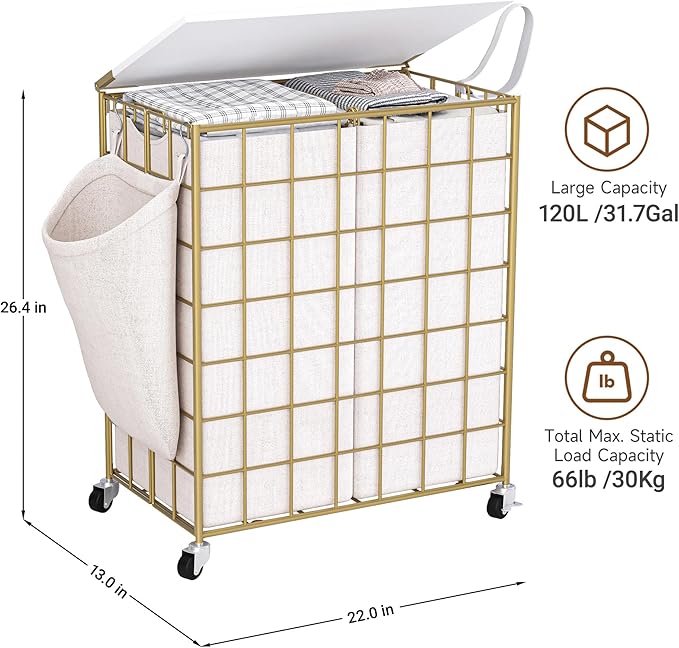 Laundry Basket with Wheels, Heavy Duty Laundry Sorter 2 Sections, 120L (32Gal.) Large Capacity Laundry Hamper with Wood Lid, 360 Rolling Wheels, Extra Side Pocket, Leather Pull Handle, Golden