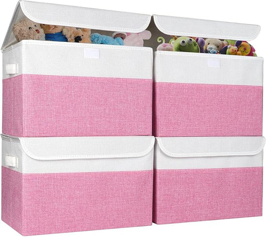 Bagnizer Large 22 Quart Linen Fabric Foldable Storage Bin Cube Organizer Basket with Flip-Top Lid & Handles, Clothes Blanket Box for Home, Office, Closet, Pink & White, 4 Pack 14.6 x 9.5 x 9.5