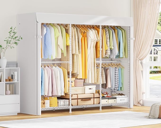 ULIFHOME E14C Pro Heavy Duty Closet Organizer System，Freestanding Clothing Racks for Hanging Clothes，Adjustable Garment Rack 70.1"W × 16.6"D × 76.4"H Hold 960 lbs，White Rack with White Dustproof Cover