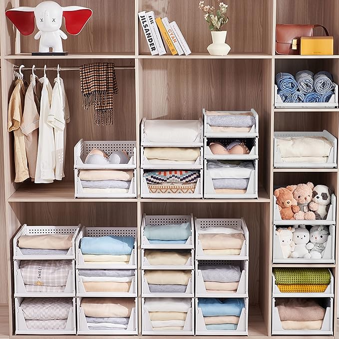 Stackable Plastic Storage Basket-Foldable Closet Organizers and Storage Bins - Drawer Shelf Storage Container for Wardrobe Cupboard Kitchen Bathroom Office (White Large-4 Pack)
