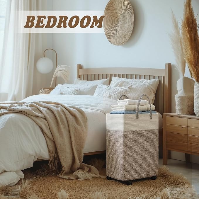 LemonRoad Woven Laundry Basket with Wheels 65L Cotton Rope Laundry Woven Hamper Nursery Storage Basket for Toys Large Dirty Clothes Blankets Bedroom Rice Brown