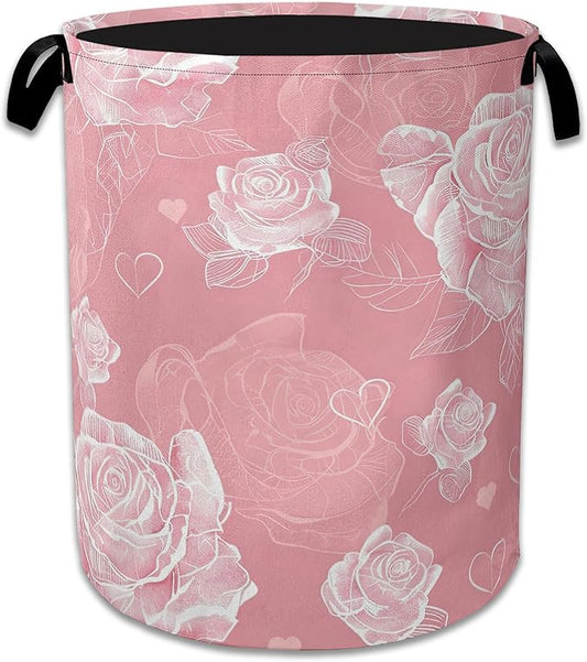 Pink Roses Large Storage Basket Collapsible Laundry Basket Oxford Storage Bin for Toy Bins Gift Baskets Bedroom Clothes Children Nursery Hamper 16" X 20.8"