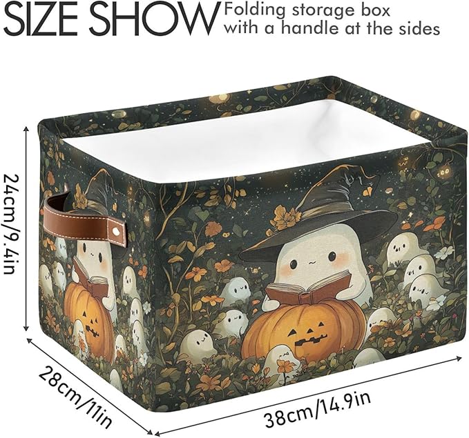xigua Cute Ghost Wearing Witch Hat Storage Basket Foldable Storage Bin, Canvas Rectangular Storage Basket with Leather Handles for Home Closet & Office Decoration