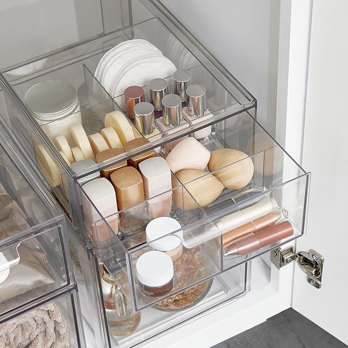 mDesign Plastic Kitchen and Pantry Organizer with Divided Drawer - Stackable Bin with 8 Sections for Tea and Snack Food - Perfect for Organizing Cabinet, Fridge - Lumiere Collection - 2 Pack - Clear