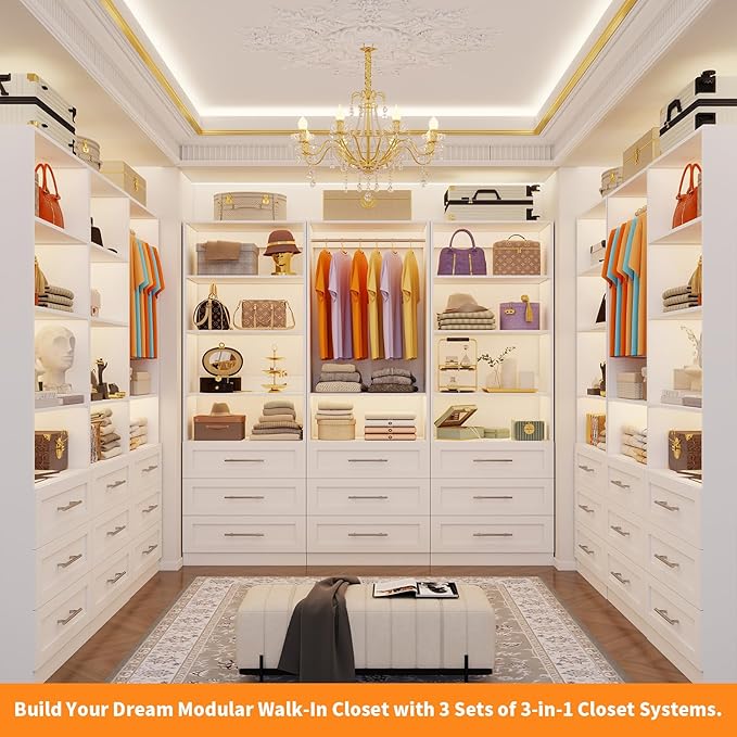 Closet System with 3 Sets, 6–16 FT Closet System with 9 Drawers, 9 Shelves & 4 Adjustable Hanging Rods, Max 189.3" Closet Organizer Systems for Walk-in Closets, Modular Custom Closet Tower, White