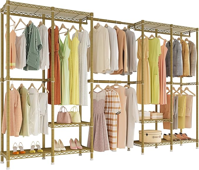 Higeego H5 Pro Heavy Duty Clothes Rack Wardrobe Closet for Hanging Clothes, Freestanding Garment Rack with Expandable Hanger Rods, Closet Organizer and Storage, (97.7-115.4")L x 15.7"W x 75.4"H, Gold