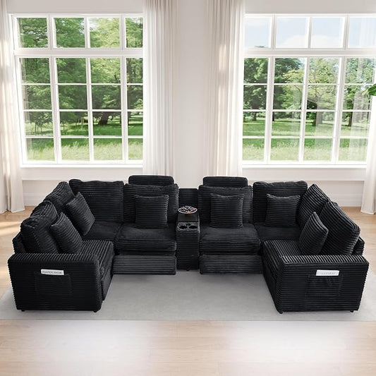 LEVNARY 6-Seat U Shaped Modular Sectional Sofa with Power Recliners, Faux Rabbit Fur Upholstery, Storage Console with Charging Ports & Cup Holders, Living Room Couch Set for Home Office (Black)