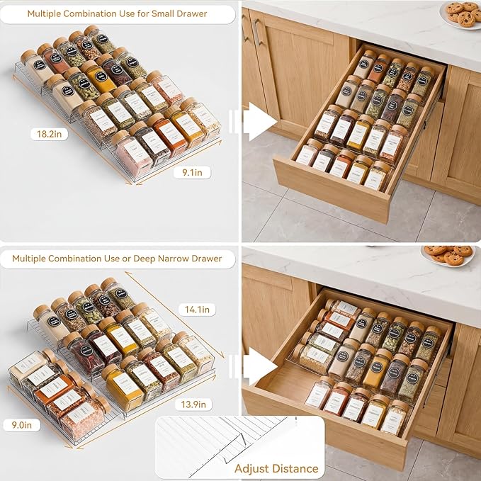 LETGO 8 Pack Adjustable Spice Rack for Drawer - 9" to 17.7" Expandable Spice Drawer Organizer 4 Tier Acrylic Seasoning Organizer Rack,Clear Spice Rack Tray for Spices,Condiment,Nail Polish and Jar (8)