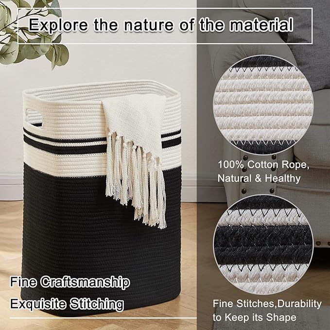 OIAHOMY Laundry Hamper-Laundry Basket,Tall Cotton Storage Basket with Handles,Decorative Blanket Basket for Living room,Collapsible Large Basket for Toys,Pillows,Clothes Organizer-16x13x22in-Black