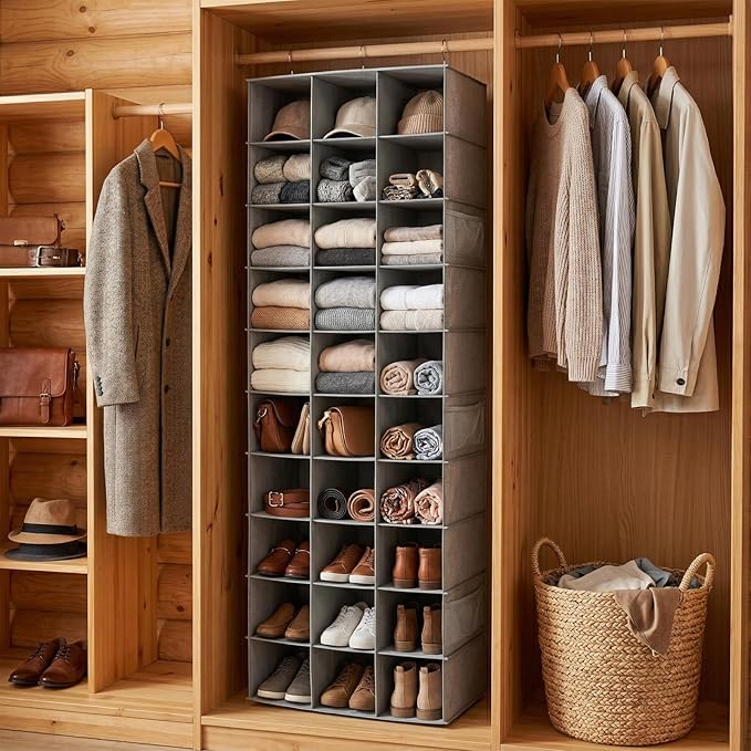 coastal rose Hanging Shoe Organizer, 30 Sections Hanging Shoe Organizer for Closet with 6 Mesh Pockets, Space Saving Hanging Shoe Rack, Grey Closet Shoe Organizer