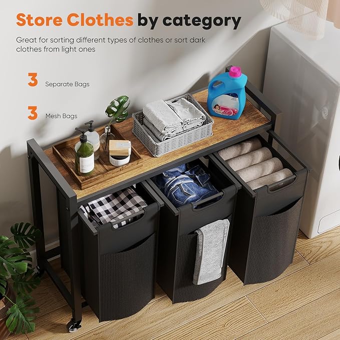 DUMOS Laundry Sorter 3 Section, 3 × 10.6 Gal (120L) Rolling Laundry Basket with Pull-Out Removable Bags & Movable Wheels,Clothes Separator Hamper Cart for Laundry Room, Bathroom and Bedroom Organizer