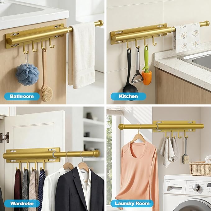 Valet Rod for Closet Retractable with 4 Hooks, 13.4"-23.2" Pull Out Clothes Hanger Rail, Heavy Duty Alloy Steel Side Mount Wardrobe Bar, Adjustable Organizer for Laundry, Bathroom, Entrance (Gold)