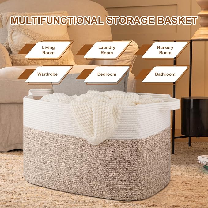 OIASKET XXXL Supre Large Blanket Basket for Clothes, Towels, Pillows, 108L Cotton Rope Storage Basket for Living Room, Woven Toy Storage for Kids, 25" x 16" x 16", Brown and White