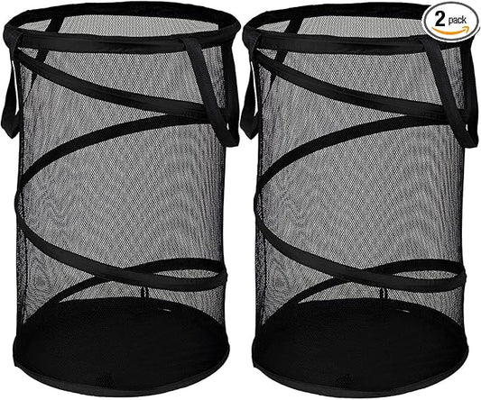 BATTOO 2 Pack Large Collapsible Laundry Basket Foldable Mesh Pop Up Hamper with Handles for Laundry Room, Bathroom, Kids Room, College Dorm, Travel, Storage Organizer Black