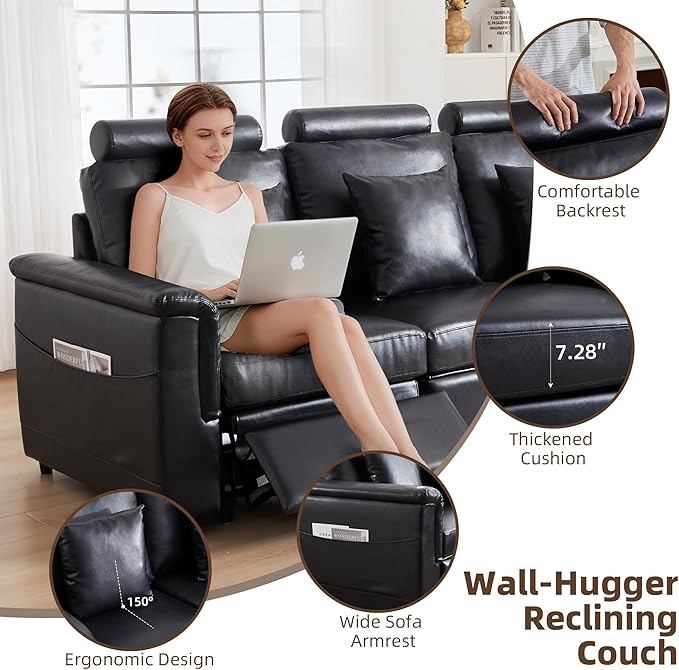 LEVNARY 3-Seater Modular Reclining Sofa, Upholstered Faux Leather Power Recliner Couch with 3 Electric Seats, 3 Pillows & Side Pockets, Adjustable Back & Footrest, Living Room Furniture (Black)