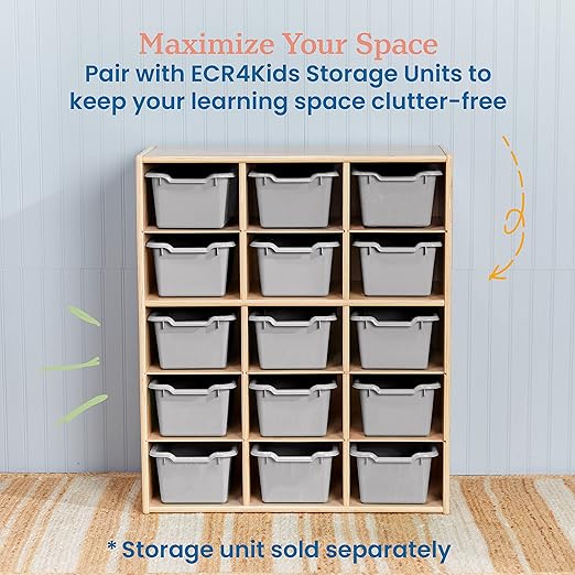 ECR4Kids Scoop Front Storage Bin, Multipurpose Organization, Light Grey, 15-Piece