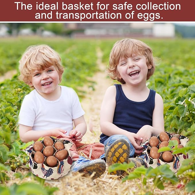 Egg Collecting Basket, Canvas Egg Basket for Gathering with 7 Pouches for Chicken, Duck, Goose, Bird, Various Poultry Collection (Flag Chicken)