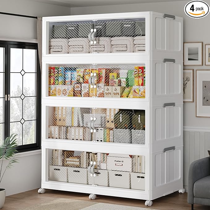 240Gal/960QT 4-Tiers Extra Large Stackable Storage Bins with Lid, Collapsible Cabinet Closet Organizer Plastic Container Box with Wheels Doors Drawers for Office Dorm Kitchen, White