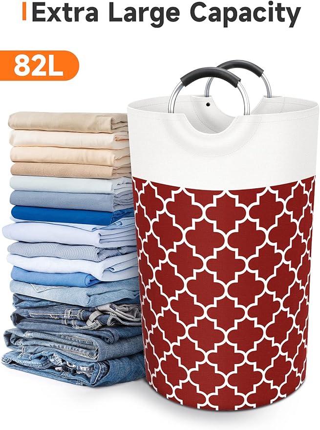 Fabspace Large Laundry Basket Laundry Hamper Bag Washing Bin Clothes Bag Collapsible Tall with Handles Waterproof Travel Bathroom College Essentials Storage for College Dorm, Family, 82L (Red)
