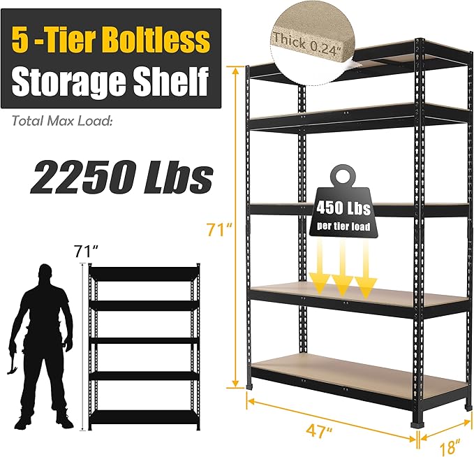 PrimeZone Heavy Duty Storage Shelves - 47"W x 18"D x 71"H 5 Tier Adjustable Garage Storage Shelving, Metal Storage Utility Rack Organizer Shelf Unit for Warehouse Pantry Closet Kitchen Basement, Black