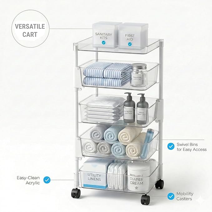 OnDisplay 360° Rotating Clear Storage Trolley – Multi-Tier Rolling Acrylic Utility Cart for Vanity, Craft Room, Pantry, Office & Bathroom – Mobile Multipurpose Organizer Rack for Makeup, Kitchen,