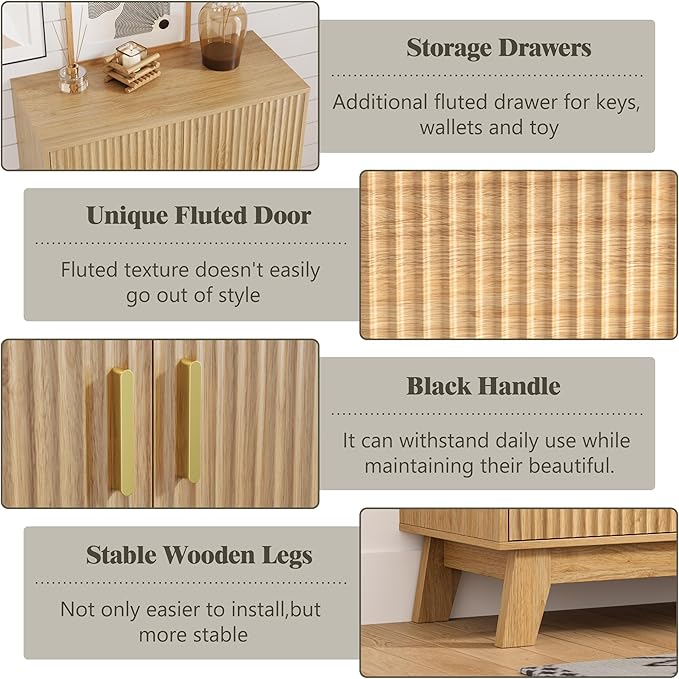 HUANLEGO Shoe Cabinet Storage for Entryway, 4 Tier Fluted Shoe Storage Cabinet with 2 Drawers, Narrow Hidden Shoe Organizer with Adjustable Shelves, Freestanding Shoe Rack for Entryway, Hallway, Oak