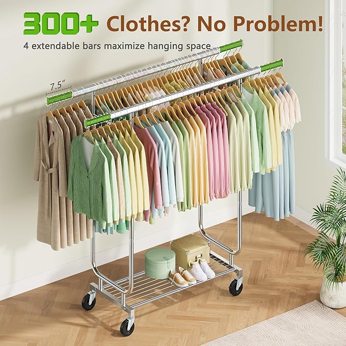Heavy Duty Rolling Clothes Rack, 620 LBS Load Double Rod Adjustable Garment Rack with Storage Shelves & Lockable Wheels, Portable Clothing Rack for Hanging Clothes for Bedroom, Laundry Living Room