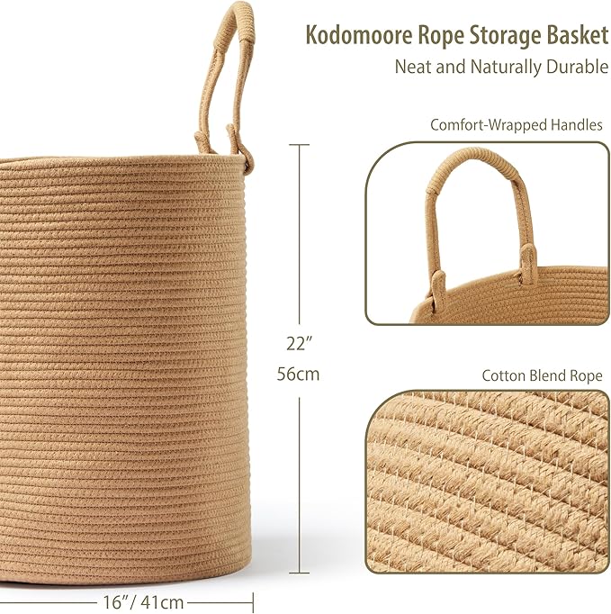 Laundry Basket – Laundry Hamper for Clothes, Blankets, Yoga Mat – Woven Cotton Rope Basket for Living Room, Nursery Room – Boho Style – 16”D x 22”H – Khaki