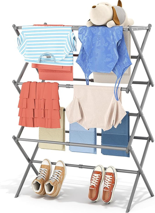 APEXCHASER Clothes Drying Rack, 3-Tier Laundry Drying Rack for Clothes, Expandable Metal Clothing Dryer, Collapsible Towel Rack, Air Drying Rack, Grey