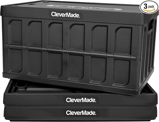 CleverMade Collapsible Storage Bins with Lids (46L, 3 Pack) – Stackable Foldable Plastic Storage Crates for Home, Closet & Trunk Organization - Obsidian