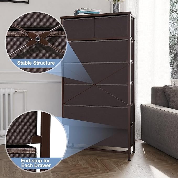 Crestlive Products Vertical Dresser Storage Tower - Sturdy Steel Frame, Wood Top, Easy Pull Fabric Bins, Wood Handles - Organizer Unit for Bedroom, Entryway, Closets - 7 Drawers (Brown)