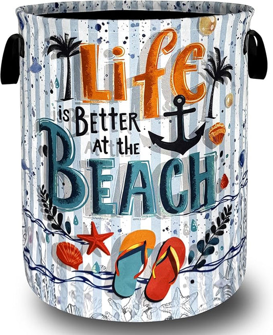Life is Better At the Beach Laundry Basket Foldable Funny Laundry Hamper With Handle Portable Oxford Cloth Clothes Storage Basket Laundry Bag 18.9"x16.5" For Laundry Room/Bedroom/Bathrooms