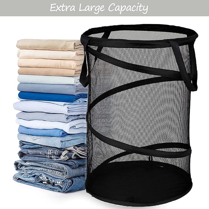 BATTOO 2 Pack Black Large Collapsible Laundry Basket Foldable Mesh Pop Up Hamper with Handles for Laundry Room, Bathroom, Kids Room, College Dorm, Travel, Camping, Gift Basket