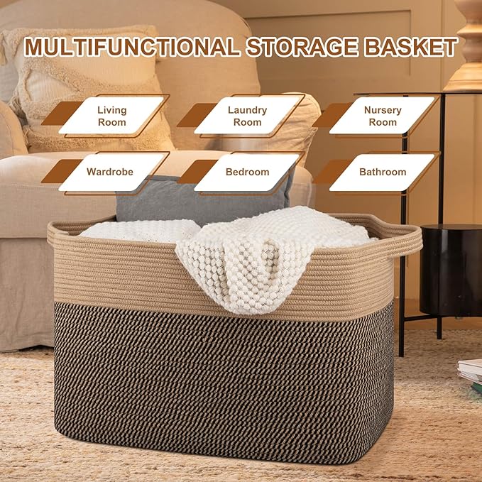OIASKET XXXL Supre Large Blanket Basket for Clothes, Towels, Pillows, 108L Cotton Rope Storage Basket for Living Room, Supre Large Woven Toy Storage for Kids, 25" x 16" x 16", Brown and Black