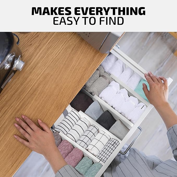 4-Pack White Drawer Dividers - Fits Drawers 12.2 to 17.3 Inches Deep, 2.6 Inch High, 0.6 Inch Thick, Adjustable Bamboo Drawer Organizers Separators for Dresser Clothes, Kitchen, Bathroom, Home, Office