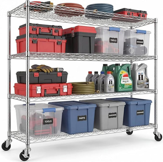 PrimeZone 4 Tier 55.5" Wx24 Dx76 H Wire Shelving with Wheels 2400lbs NSF Certified Storage Shelves Heavy Duty Metal Shelf Adjustable Rolling Rack Commercial Garage Restaurant Warehouse Kitchen Chrome
