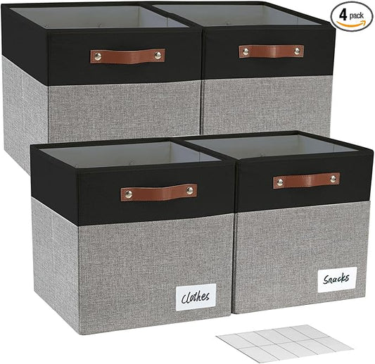 Bagnizer 13x15x13 Storage Cube Bins, Foldable Storage Organizer Baskets, Fabric Cube Storage Boxes with 2 Reinforced PU Handles for Kallax, Shelves, Living Room | 4 Pack, Black & Gray